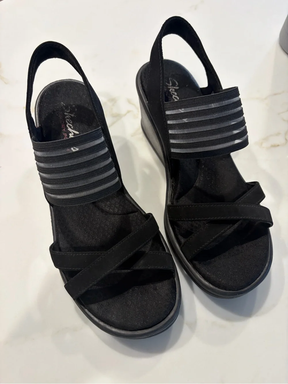 Skechers Black Women's Slide Sandals with Dual Elastic Straps Memory Foam